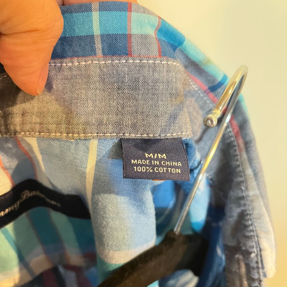 Tommy Bahama Button Down Shirt Short Sleeve Plaid‎ Blue Pink 100% Cotton Medium - Picture 4 of 4